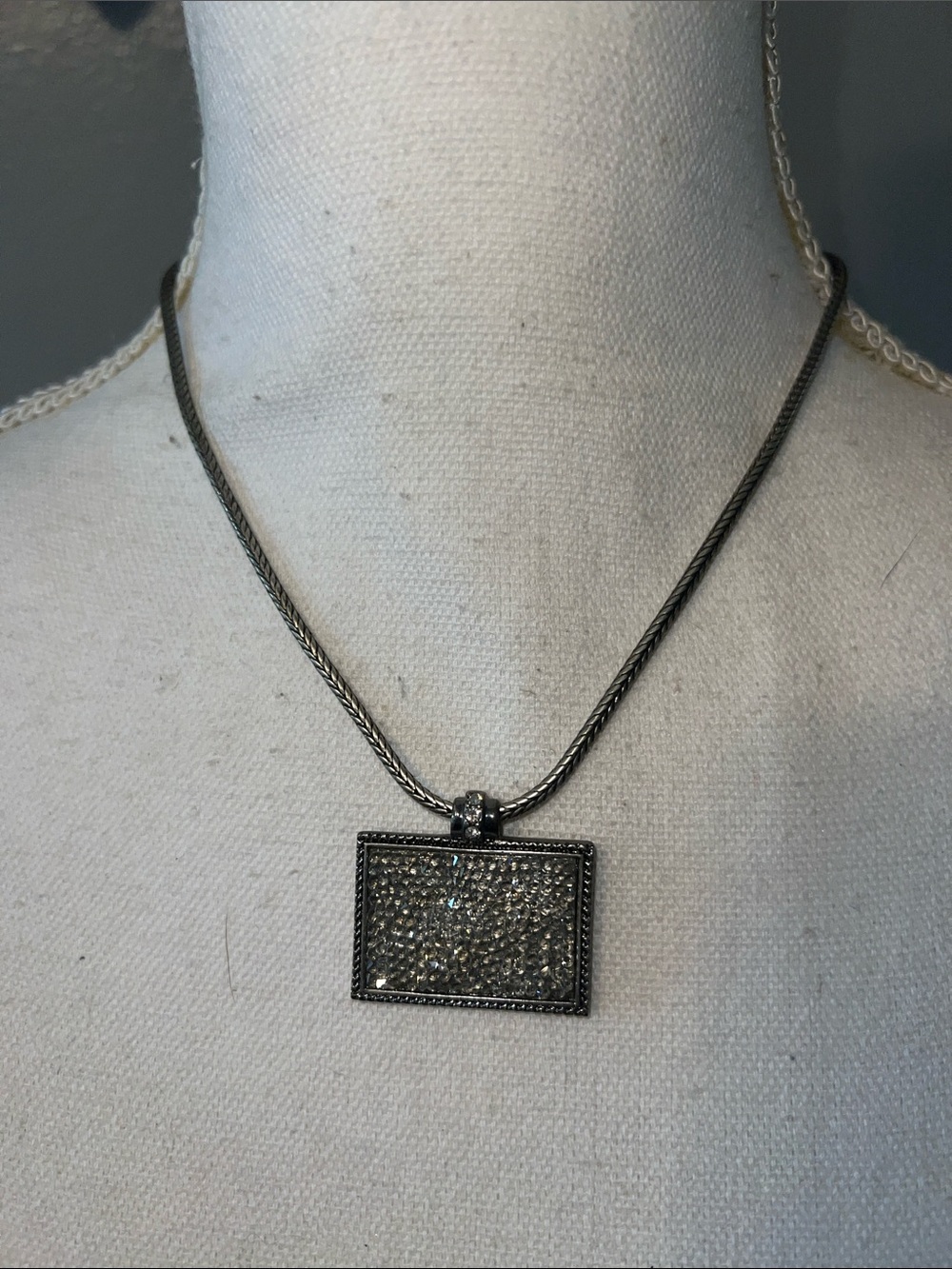 Sterling Silver Pave Rectangle Pendant Necklace - Silver